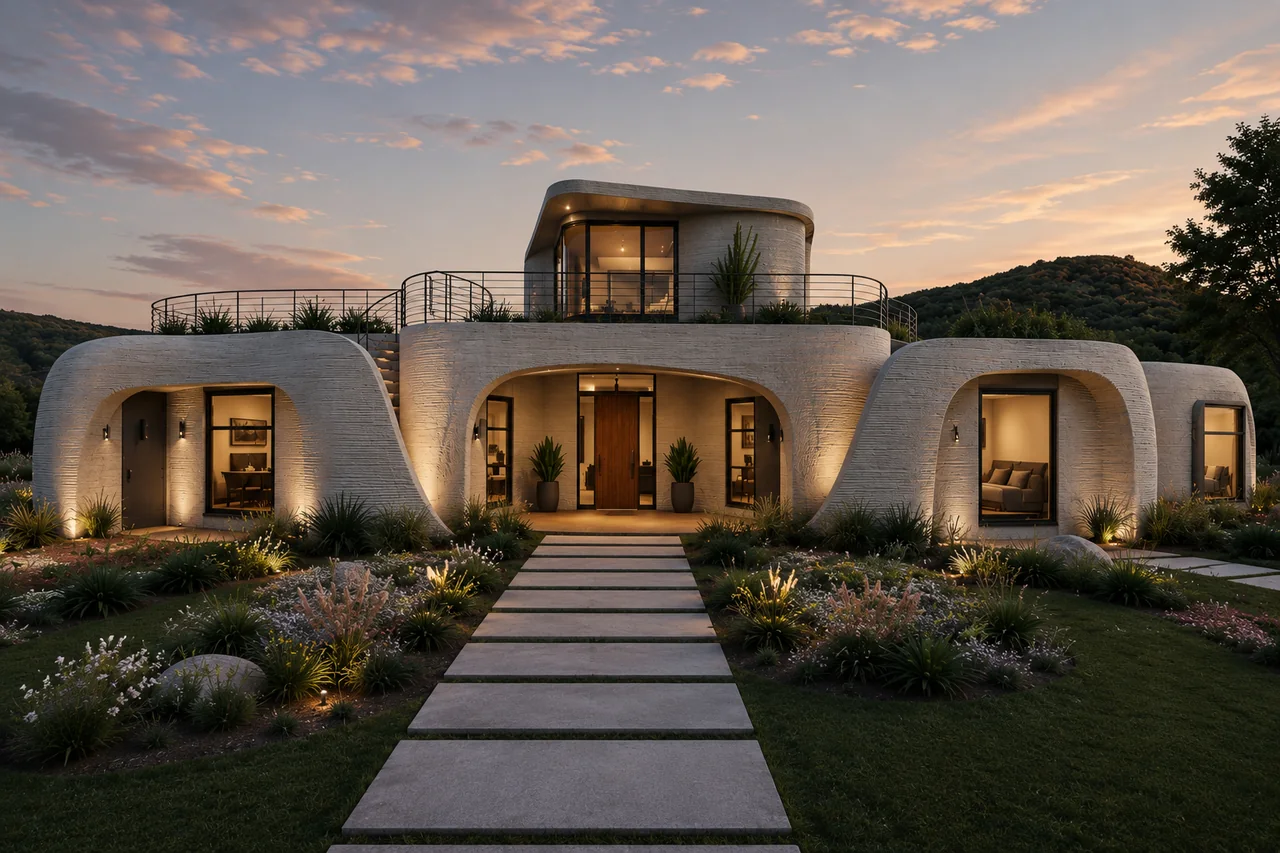 Design concept for 110 Edison Road: a curved, layered printed concrete home with arched openings and a rooftop terrace, shown at dusk.