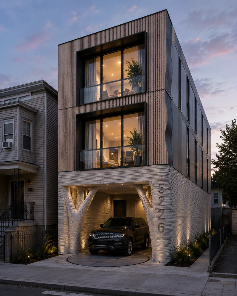 Rendering of a modern three-storey printed concrete townhouse with an arched garage base and floor-to-ceiling glass.
