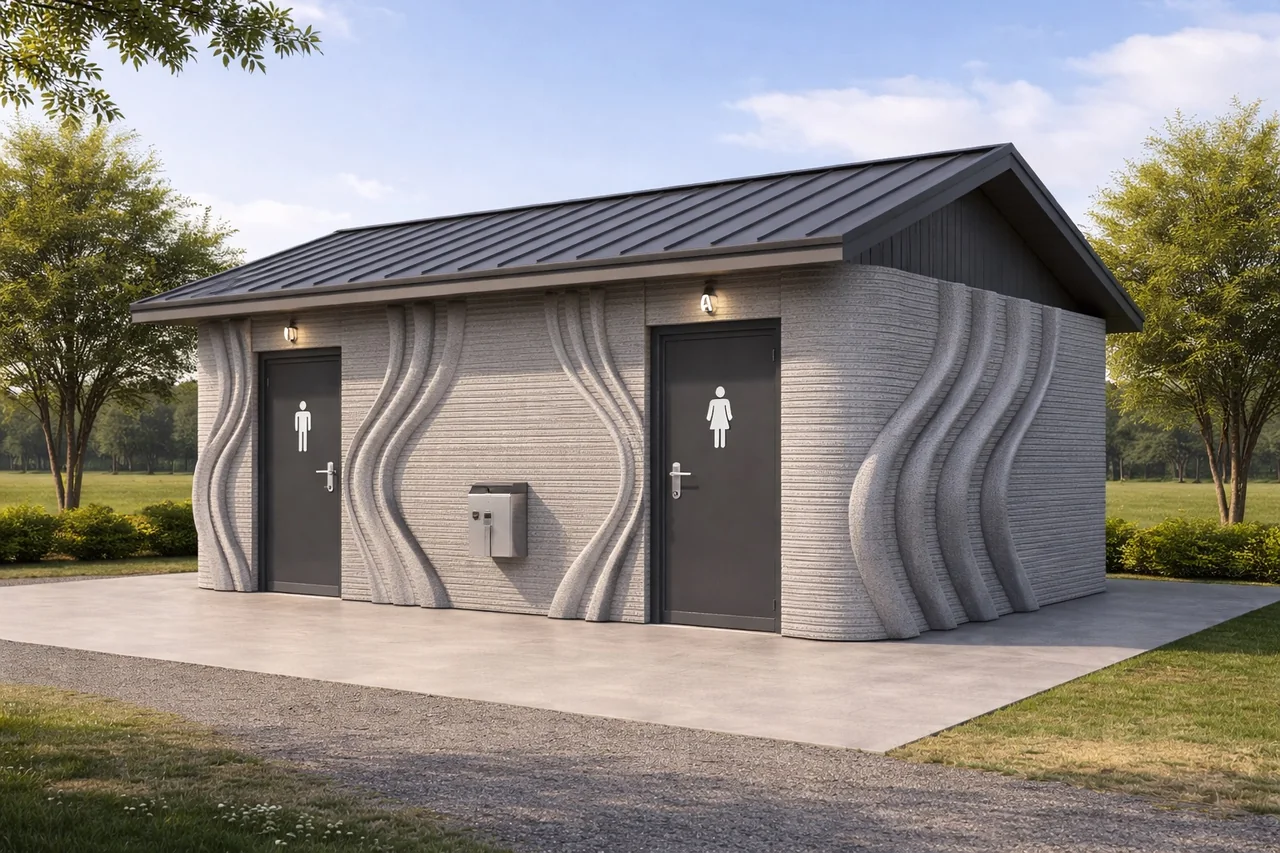 Rendering of a printed concrete public park restroom building with sculptural wave-textured walls and a metal roof.