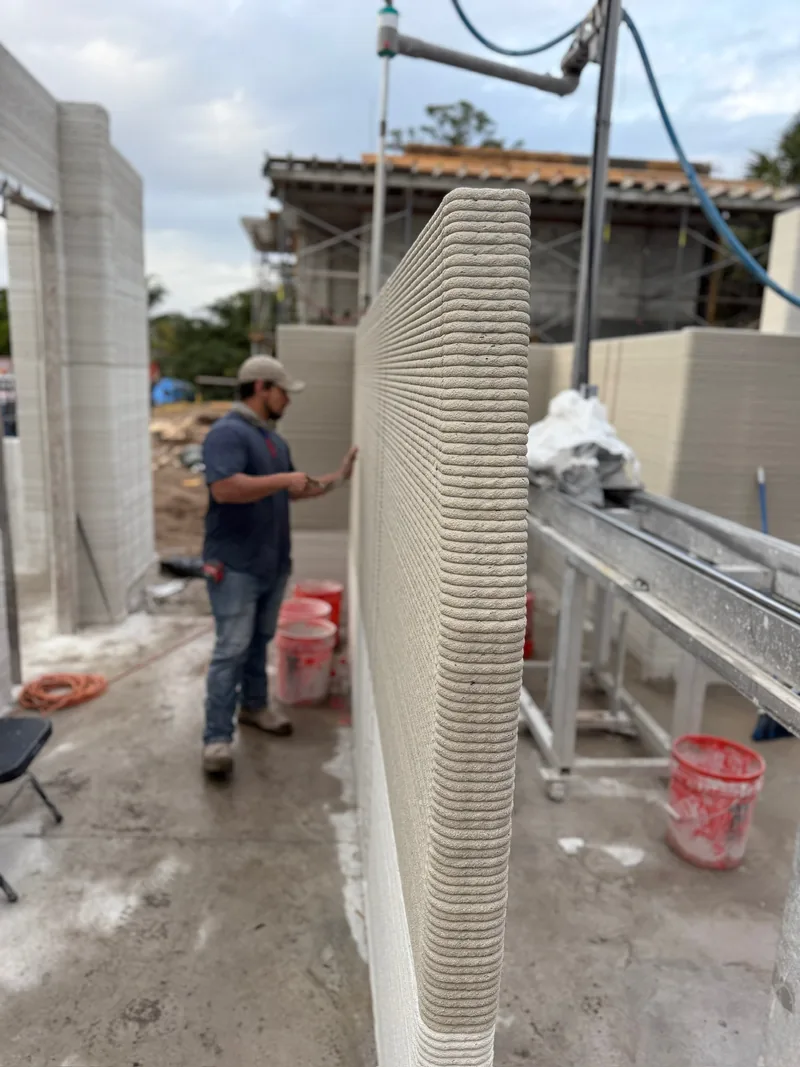 A member of the crew standing beside a printed concrete wall, showing its height.