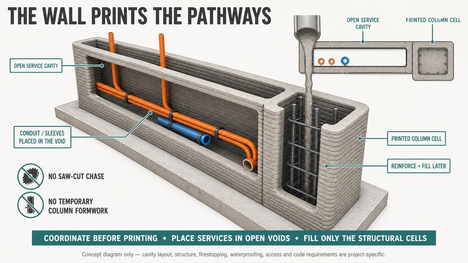 Cutaway diagram of a 3D printed concrete wall showing conduit and plumbing sleeves running through open printed service cavities, with a reinforced structural column cell filled with concrete and rebar. No saw-cut chase, no temporary column formwork.