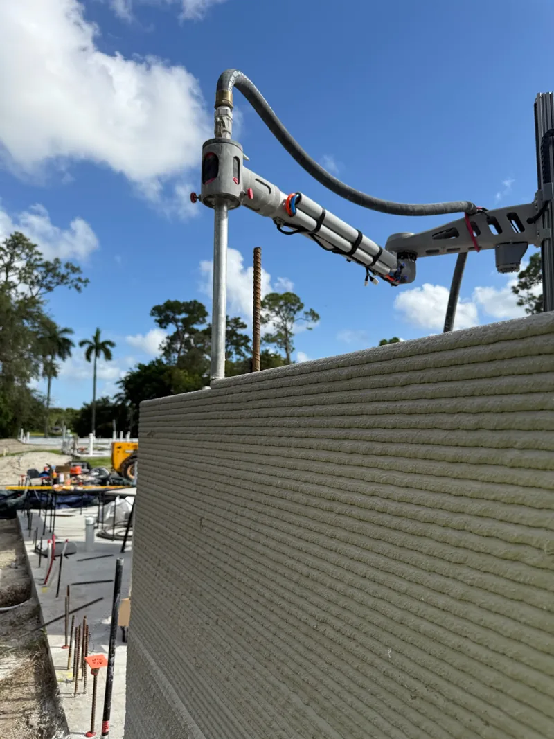 Close view of the print head extruding a bead of structural concrete.