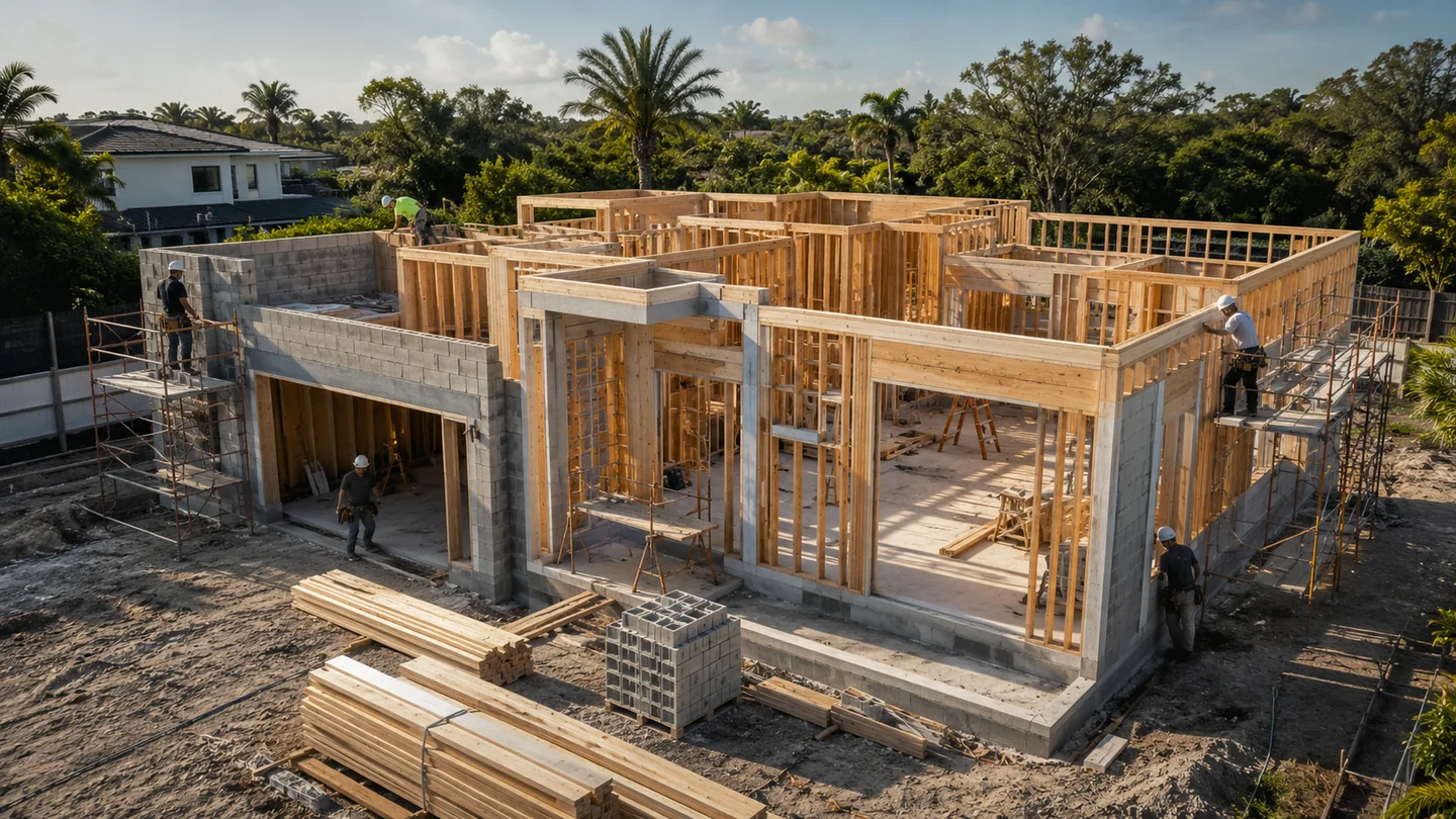 A traditional home of the same design under construction with a wood-framing and block crew.