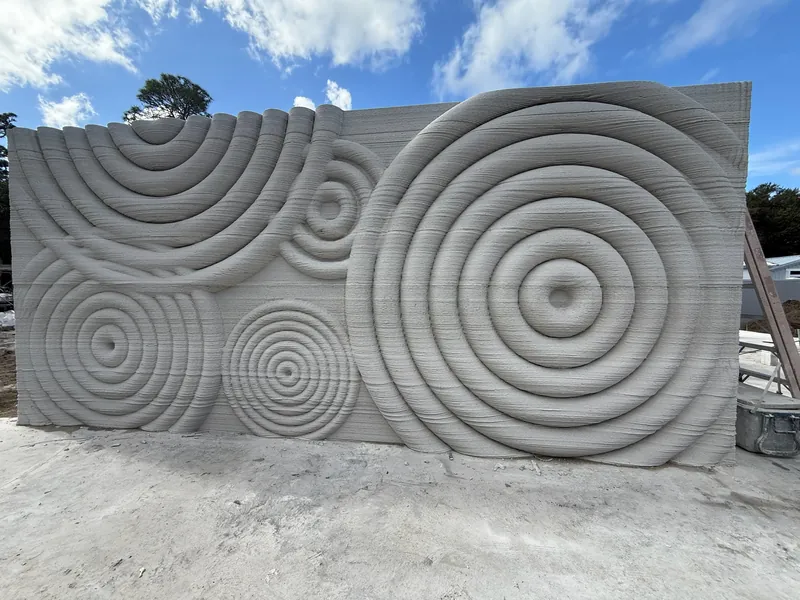 Printed concrete wall with large concentric ring reliefs raised from its surface.